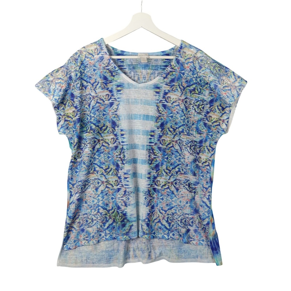 Chicos Womens Artsy Airy Coastal VNeck Top 3 XL Shirt Blue Lace Shoulder Ikat